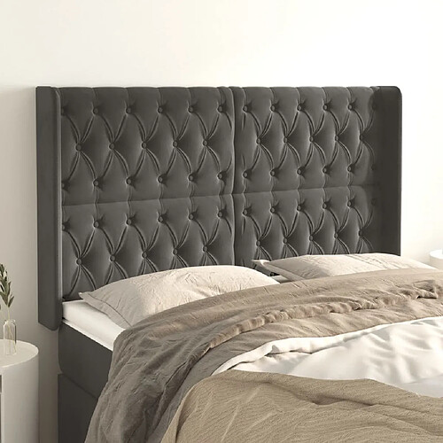 Maison Chic Tête de lit scandinave avec oreilles,meuble de chambre Gris foncé 147x16x118/128 cm Velours -MN23368