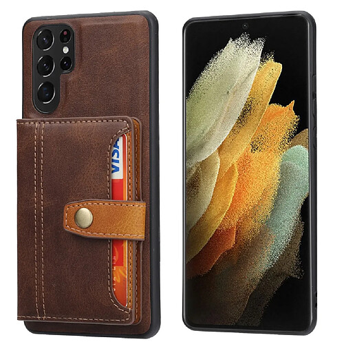 Coque en TPU + PU antichoc avec béquille et porte-cartes marron pour votre Samsung Galaxy S22 Ultra