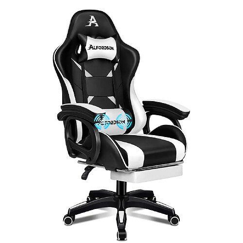 ALFORDSON Chaise Gaming avec Chaise Bureau de Massage Lombaire à 2 Points Blanc