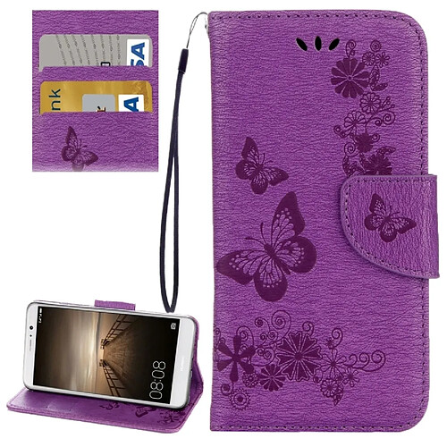 Wewoo Housse Étui Violet pour Huawei Mate 9 papillons gaufrage en cuir flip horizontal avec support & Slots de cartes Portefeuille & Longe