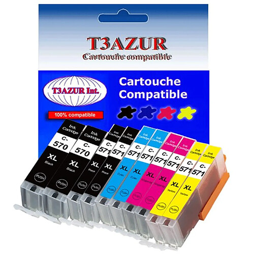 Lot de 10 Cartouches Compatibles pour Canon Pixma TS5050, TS5051, TS5053, TS6050 - T3AZUR