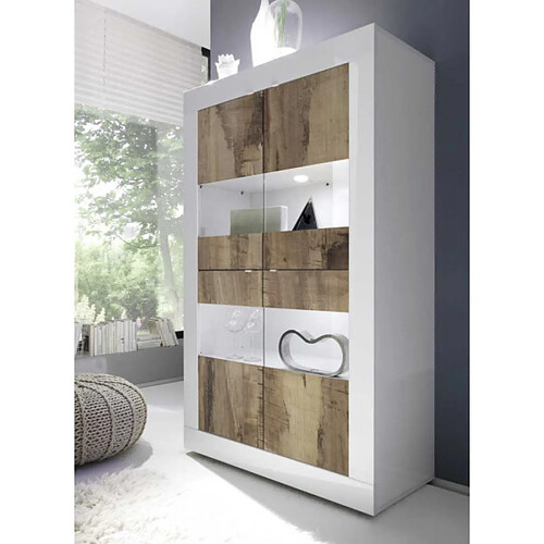 Dansmamaison Vitrine moderne en bois à LEDs 4 portes Blanc laqué brillant/Bois fumé - MILAN