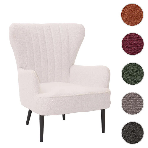 Mendler Fauteuil lounge HWC-K37, fauteuil cocktail/à oreilles chaise rembourrée rétro vintage tissu bouclé (600g/m²) Öko-Tex ~ blanc