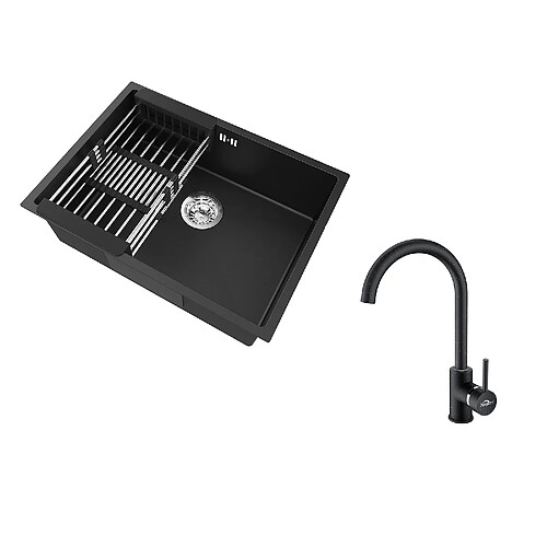 Auralum Max Évier Cuisine 1 Bac 60*44*20CM,inox 304,à Encastrer avec Panier Drainage,Noir+Robinet Cuisine Rotatif 360° Eau Froide et Chaude,Noir