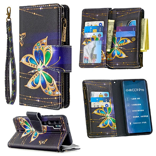 Etui en PU fermeture éclair à motifs avec support et plusieurs porte-cartes papillon d'or pour votre Xiaomi Mi CC9 Pro/Mi Note 10/Mi Note 10 Pro