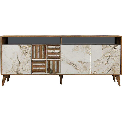 Hanah Home Buffet en aggloméré 4 portes Milan noyer et imitation marbre blanc.