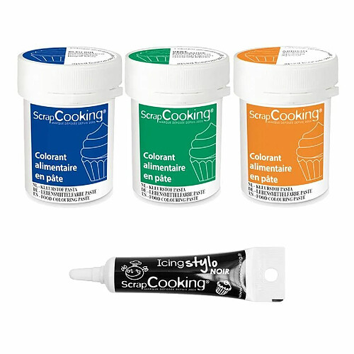 Scrapcooking 3 colorants alimentaires en pâte abricot-émeraude-bleu roi + Stylo de glaçage noir