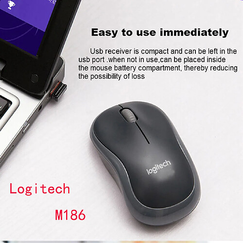 Logitech M186 Wireless USB 2.4Ghz 3 ButtonErgonomic Mouse 1000DPI Optical Mouse - noir