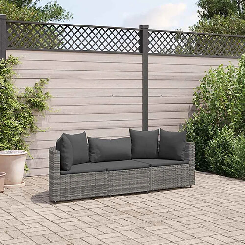 vidaXL Salon de jardin avec coussins 3 pcs gris résine tressée