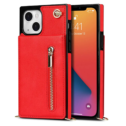 Coque en TPU + PU anti-rayures avec béquille, porte-cartes et lanière rouge pour votre iPhone 13 mini 5.4 pouces