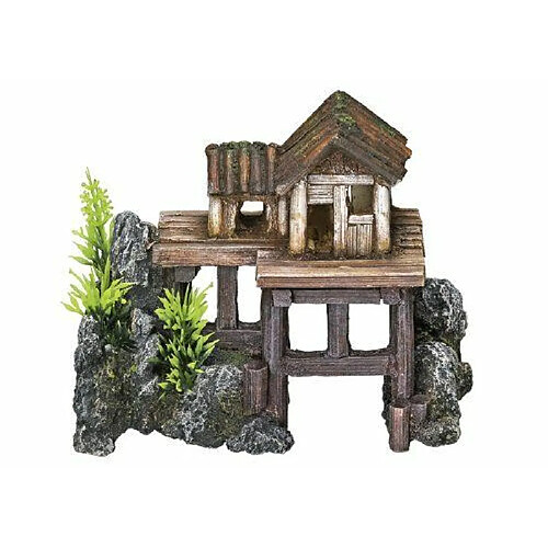 Nobby - Décoration pour aquarium - Avec plantes - Maison en bois - 15,5 x 8 x 12 cm