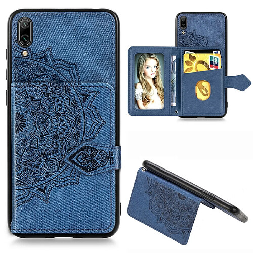 Wewoo Coque Pour Huawei Enjoy 9 Mandala Embossed Magnetic Cloth PU + TPU + PC Case with Holder & Card Slots & Wallet & Photo Frame & Strap Blue