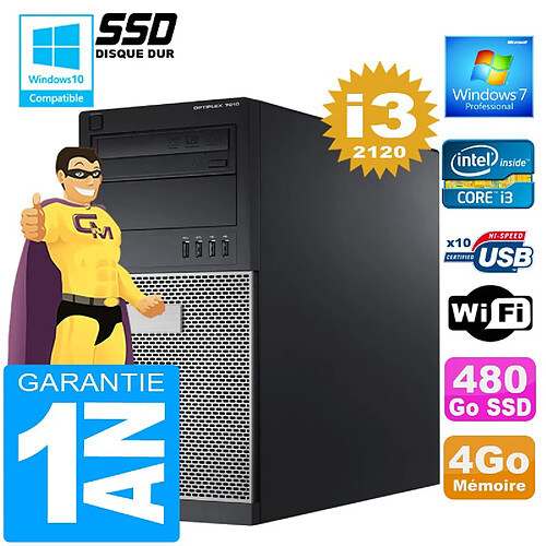 PC Tour DELL 7010 Core I3-2120 Ram 4Go Disque 480 Go SSD Wifi W7 · Occasion