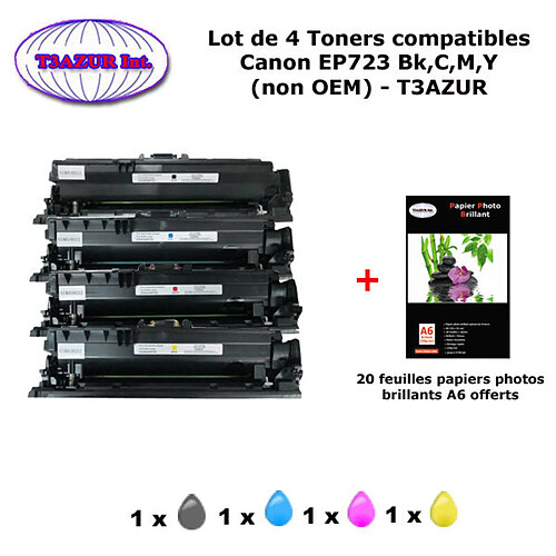 4 Toners génériques Canon CRG-723H Bk,C,M,Y pour imprimante Canon LBP 7750Cdn, CRG 723 +20f PPA6 -T3AZUR