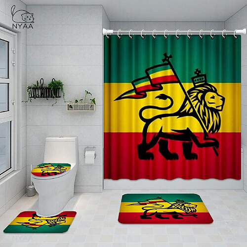 Universal Ensemble de salle de bains en bois peint avec drapeau Rasta Judas Lion Wall Art imperméable imperméable à l'eau rideaux de pluie couvercle de toilette tapis antidérapant | rideaux de douche (lot de 4)