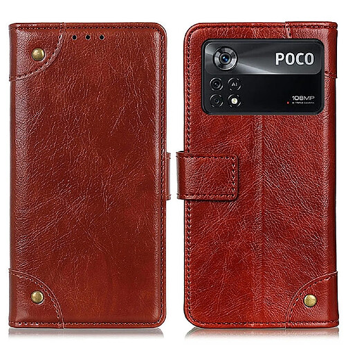 Etui en PU texture nappa, bouton décoratif en laiton avec support, marron pour votre Xiaomi Poco X4 Pro 5G