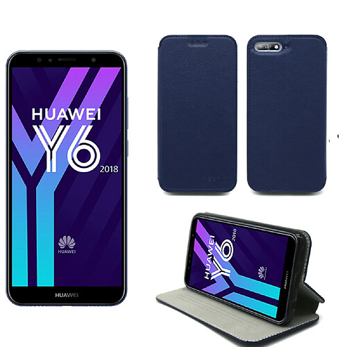 Huawei Y6 2018 4G : Etui bleu Slim Style Cuir avec stand - Housse noire coque anti choc de protection smartphone 2018 - Accessoires pochette case XEPTIO