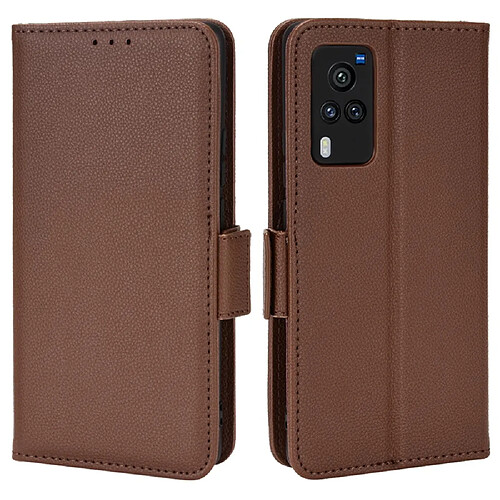 Etui en PU texture litchi, fermoir magnétique avec support, marron pour votre Vivo X60 Pro 5G (Global)/X60 5G