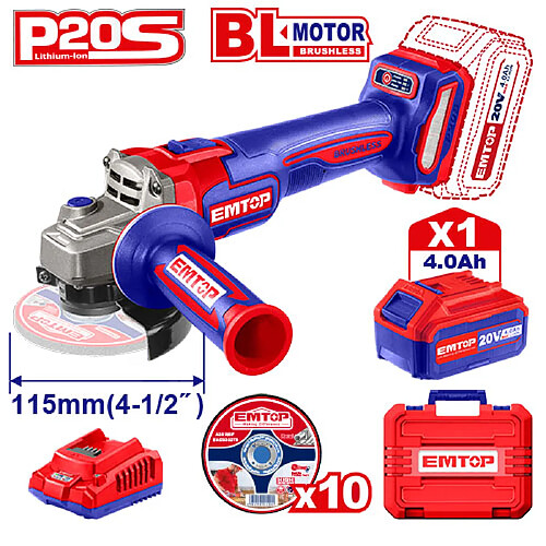 Meuleuse d’angle sans fil EMTOP 4,0 Ah Li-Ion 20V avec 1 batterie 4,0 Ah et 1 chargeur, régime max. 9000 tr/min, disques Ø 115 mm+EMTOP