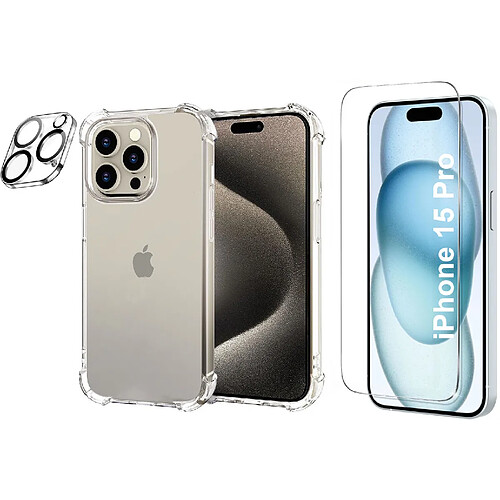 Coque Silicone Transparente Angles Renforces + Verre Trempe et Protection Camera Arriere Pour iPhone 15 Pro Little Boutik®