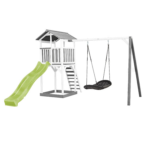 AXI Beach Tower Aire de Jeux BLANC avec Toboggan en VERT Clair, Balançoire Nid d'oiseau Noir & Bac à Sable | Grande Maison Enfant extérieur en Gris & BLANC | Cabane de Jeu en Bois FSC