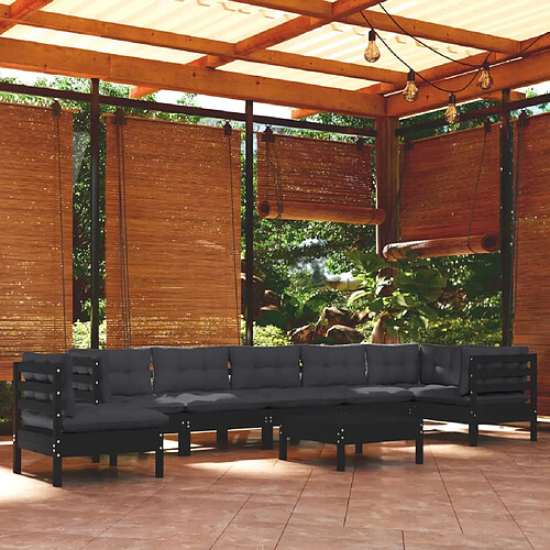 vidaXL Salon de jardin 9 pcs avec coussins Noir Bois de pin massif