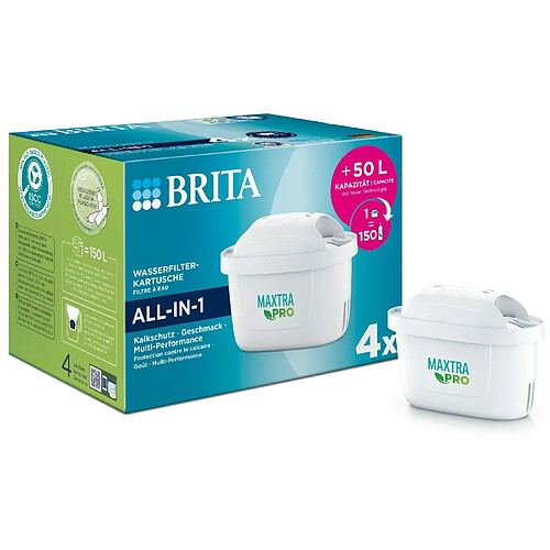 BRITA Lot de 4 cartouches filtrantes Maxtra Pro All-in-1 ? Cartouche de rechange d'origine Brita pour réduire le calcaire, le chlore, les pesticides et les impuretés pour l'eau du robinet avec un