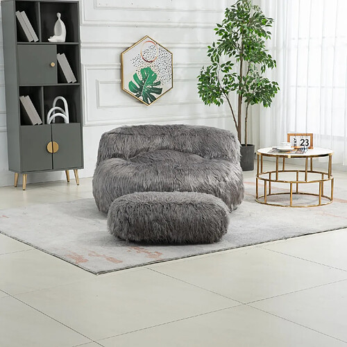 KOMHTOM Chaise confortable avec pouf, chaise moderne rembourrée, pouf en fausse fourrure moelleuse, loveseat, gris