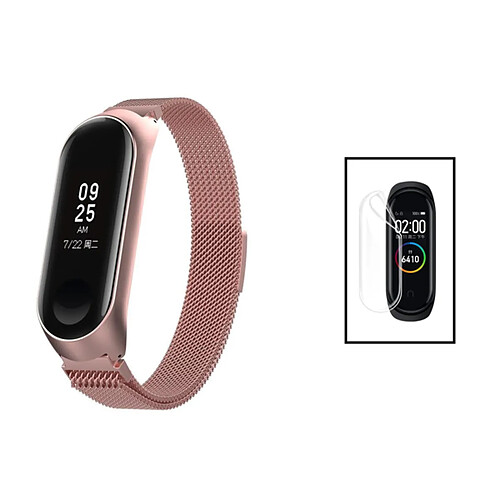 PHONECARE Kit Bracelet Milanese Loop Fermoir Magnétique + Film de Gel Full Cover pour Xiaomi Mi Band 7 - Rose / Transparent