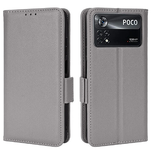 Etui en PU texture litchi, fermeture magnétique avec support, gris pour votre Xiaomi Poco X4 Pro 5G