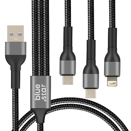 Bluestar Blue Star Câble USB vers Micro USB, USB C, iPhone Lightning Nylon Tressé 1.2m Noir