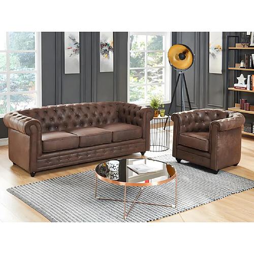 Vente-Unique Canapé 3 places et fauteuil CHESTERFIELD en microfibre aspect cuir vieilli