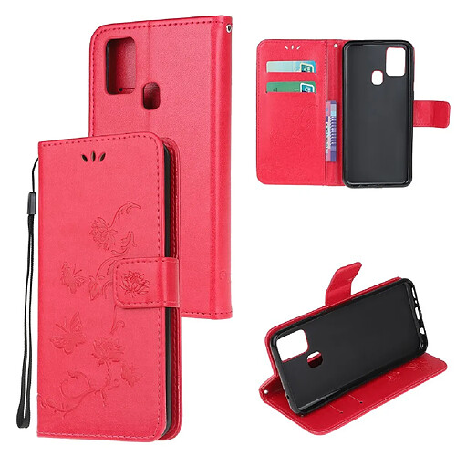 Etui en PU empreinte fleur de papillon avec sangle rouge pour votre Samsung Galaxy A21s