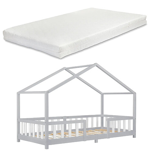 Lit d'enfant Treviolo Forme Maison avec Matelas à Mousse à Froid 200 x 90 cm Gris Clair Blanc [en.casa]