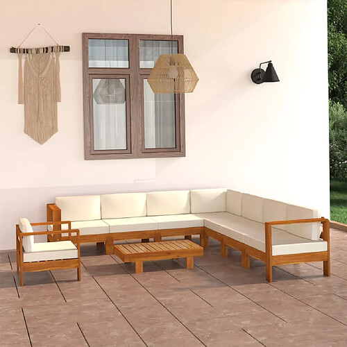 vidaXL Salon de jardin 9 pcs avec coussins blanc crème Bois d'acacia