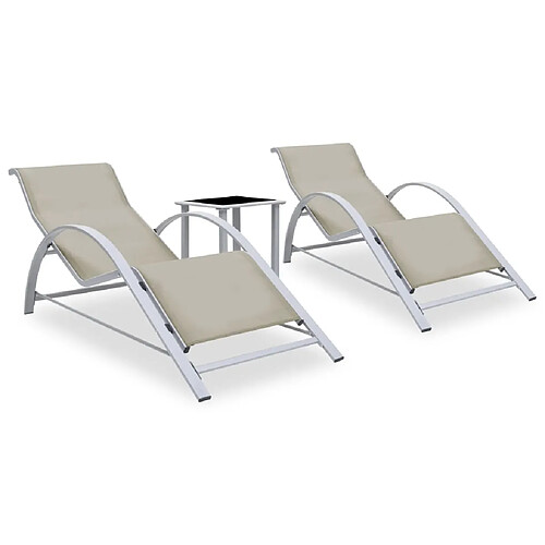 Helloshop26 Lot de 2 transats chaise longue bain de soleil lit de jardin terrasse meuble d'extérieur avec table aluminium crème 02_0012073