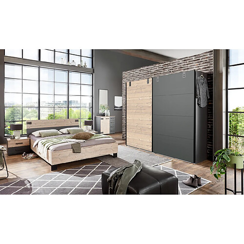 Pegane Chambre à coucher complète adulte (lit 180x200 cm + 2 chevets + armoire + commode), coloris chêne