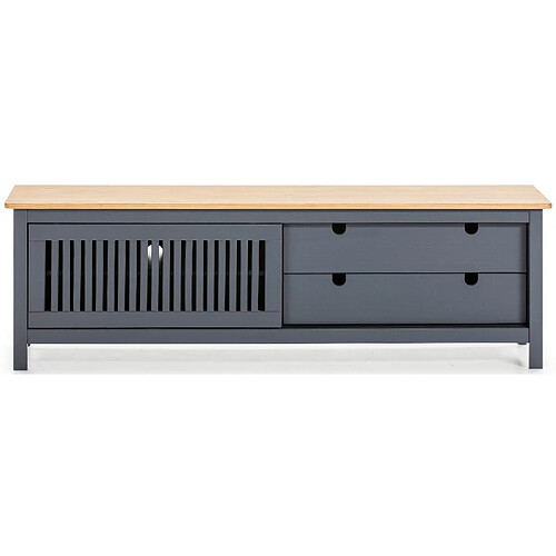 Pegane Meuble TV en pin massif décor ciré chêne et gris anthracite,meuble de rangement - Longueur 158 x Profondeur 40 x Hauteur 49.6 cm