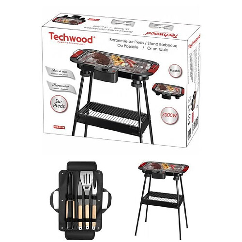 Techwood Barbecue Electrique sur Pieds ou de Table Rouge 2000W + Set de 4 accessoires pour barbecue