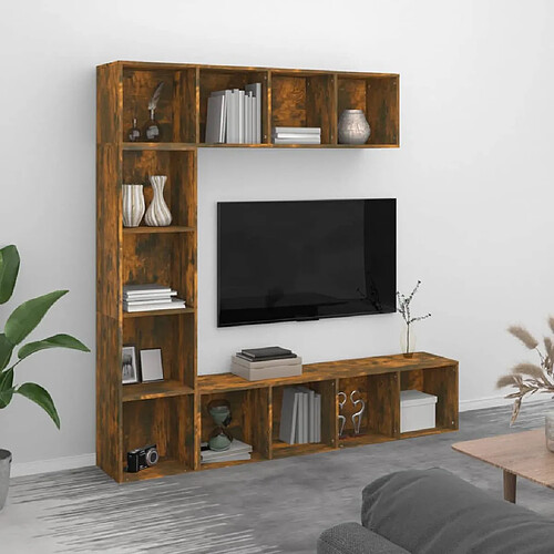 vidaXL Ensemble bibliothèque/meuble TV 3 pcs Chêne fumé 180x30x180 cm