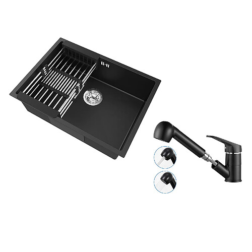 Auralum Max Évier Cuisine 1 Bac 60*44*20CM,inox,à Encastrer avec Panier Drainage,Noir+Mitigeur Cuisine avec Douchette Extractible Rotatif 360°,Noir