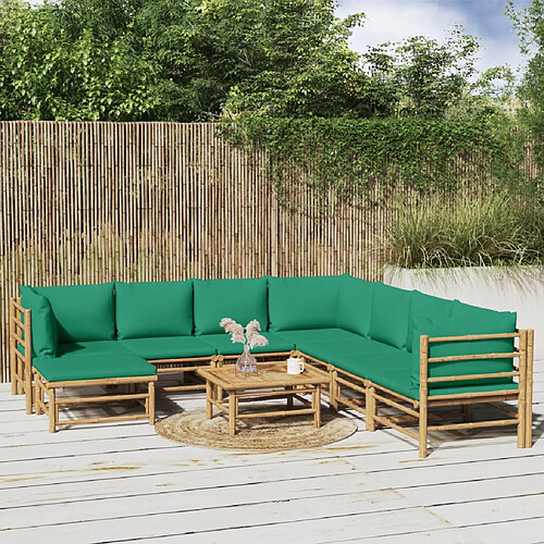 vidaXL Salon de jardin 9 pcs avec coussins vert bambou