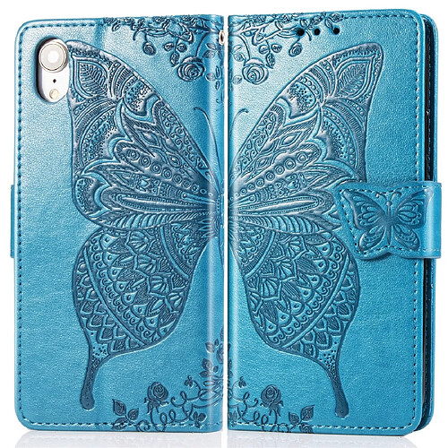 Wewoo Housse Coque Étui en cuir à rabat horizontal Butterfly Love Flowers gaufrage pour iPhone XRavec supportlogements cartesportefeuille et lanière bleu