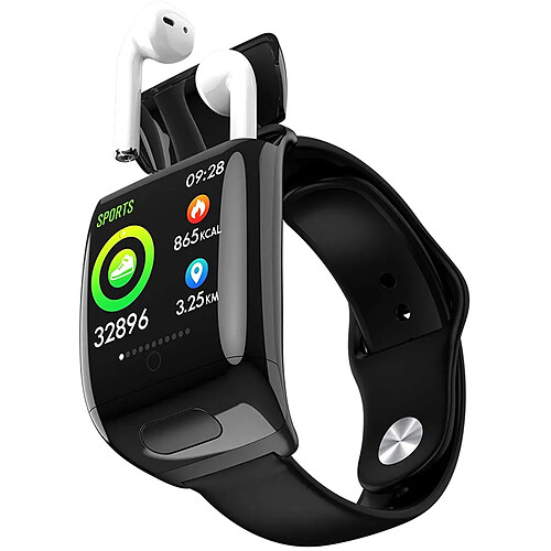 Chrono Bracelet intelligent 2 en 1 Montre Connectée TWS Casque sans fil Bluetooth Écran 1,3 pouces Fréquence cardiaque Pression artérielle Oxygène Fitness Tracker Écouteurs Musique Bracelet Écouteur Smartwatch Hommes(noir)