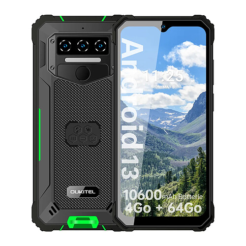 Téléphone OUKITEL WP23, Grande Batterie 10600 mAh, 4GO RAM + 64Go ROM, Smartphone Antichoc Étanche, Écran 6.52 Pouces, Android 13,système de caméra Triple, 4G Téléphone portable, [Classe énergétique A+++] - Vert