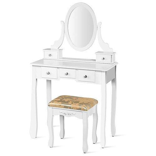 Helloshop26 Coiffeuse table de maquillage avec miroir ovale pivotant à 360° 5 tiroirs finition peinte et tabouret rembourré blanc 20_0002502