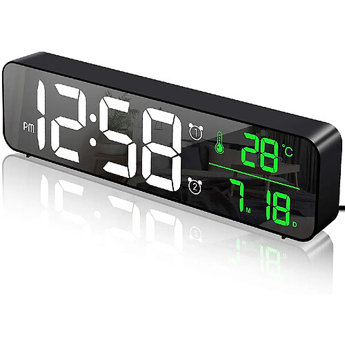 Universal Réveil numérique, réveil matinal, horloge murale à LED, miroir numérique grand écran, rendez-vous et température, horloge USB, noir