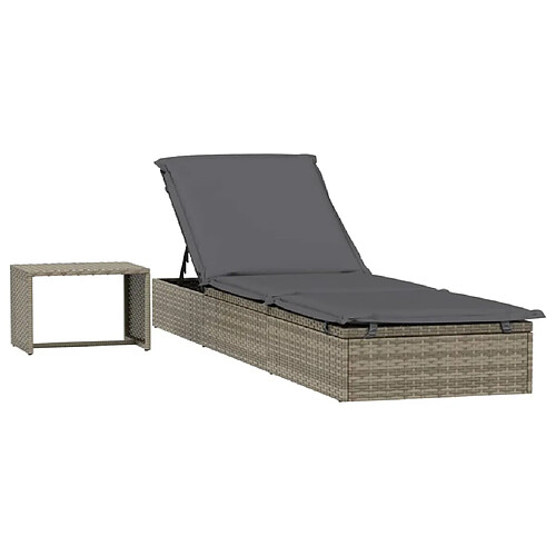 Helloshop26 Transat chaise longue bain de soleil avec table résine tressée gris 02_0012206