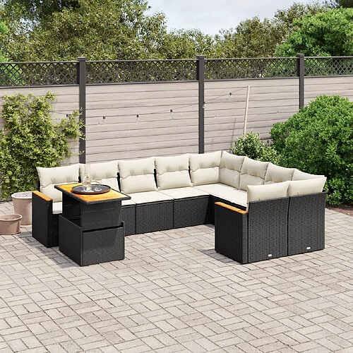 vidaXL Salon de jardin 10 pcs avec coussins noir résine tressée