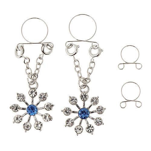 1 paire dame cristal fleur dangle non piercing mamelon anneau bijoux de corps bleu